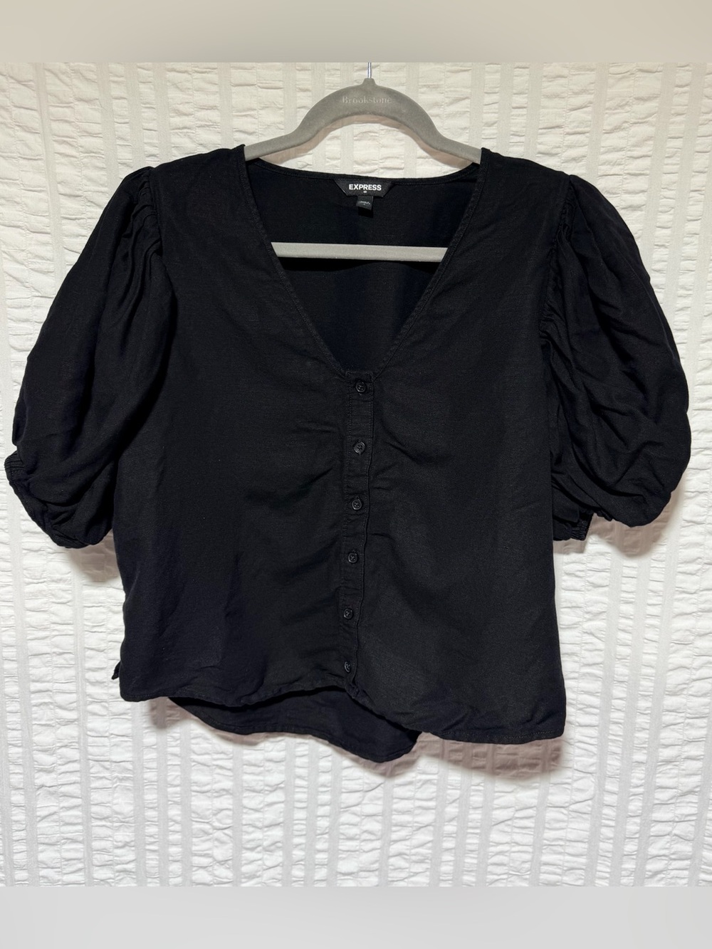 Express Black Button-Front Puff Sleeve Top